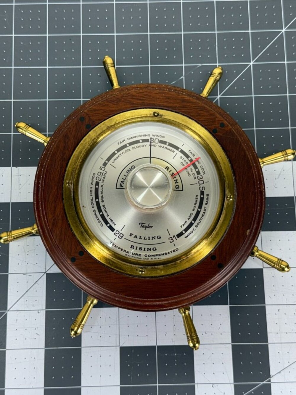 Vintage Taylor Instrument Mahogany Wood Brass Ships Wheel Nautical Barometer
